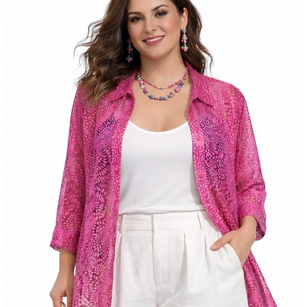 CHOICES‎ Size Large Sheer Pink Burnout Button Up Collared Blouse Resort Cruise